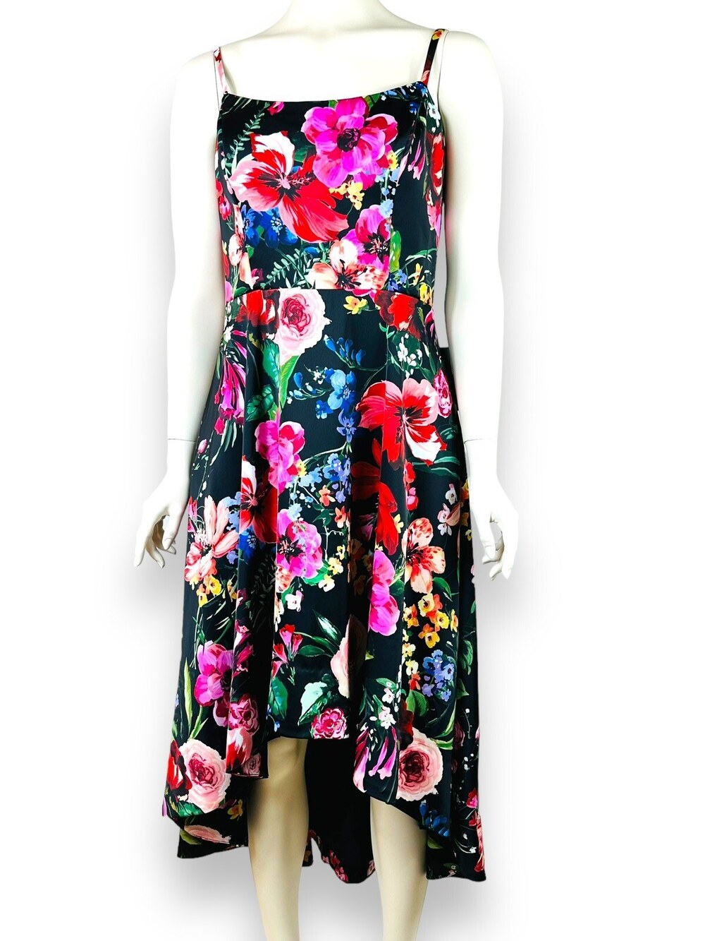 XSCAPE Midi Dress Women's 10 Sleeveless Black Floral Print High Low Cocktail